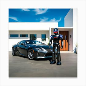 A Sleek Charcoal Grey Lexus Sports Car Is Parked In Front Of A Beautiful Modern House Guarded By A Futuristic Robot 2 Canvas Print