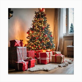 Christmas Presents Under Christmas Tree At Home Next To Fireplace (10) Canvas Print