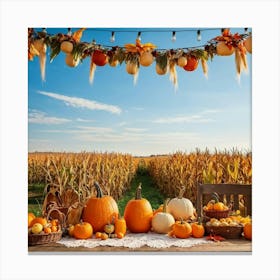 Autumnal Harvest Scene Capturing A Gourd Squash And Pumpkin Amongst A Field Of Corn Under A Cornfl (1) Toile