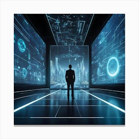 Futuristic Businessman Standing In Futuristic Hallway Canvas Print