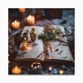 Open spellBook With Candles Canvas Print