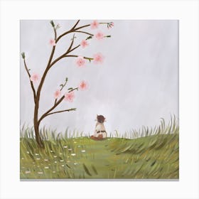 Cat Waiting For Flowers Blossoming Square Canvas Print