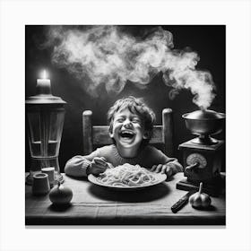 Little Boy Eating Spaghetti Canvas Print