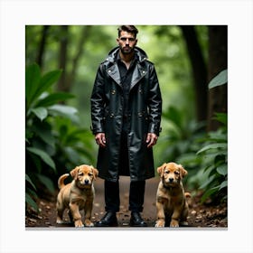 Man In Trench Coat With Dogs Canvas Print