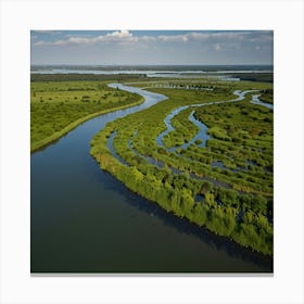 A Peaceful River Delta With Winding Waterways, Lush Green Vegetation, And Abundant Birdlife Canvas Print