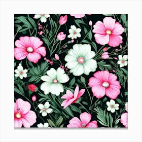 Floral Fantasia A Vibrant Pattern Bursting With Baby Pink White And Dark Pink Greenflowers Pink Flowers On Black Background Canvas Print