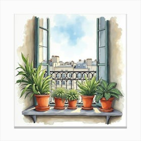 Watercolor Of A Parisian Apartment Balcony With Potted Plants And City Views 1 Canvas Print