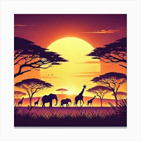 Savanna Sunset Printed Art A Serene Illustration Of A Savanna Sunset With Wildlife Silhouettes, Perfect For Bringing The Warmth And Majesty Of Nature Into Any Space Printed Art Canvas Print