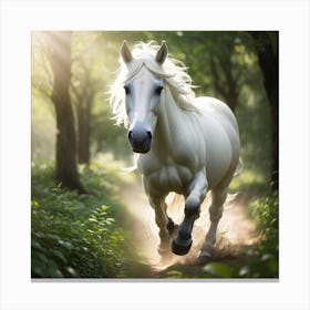 White Horse Running In The Forest Canvas Print