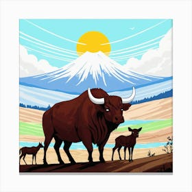 Illustration Of A Bull And Calf Canvas Print