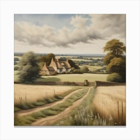 English Farmhouse over fields Canvas Print