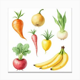 Delicate Watercolor Illustration Of Fresh Veggies And Fruits In A Charming Display 1 Canvas Print