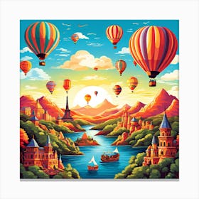 Hot Air Balloons In The Sky, Hot Air Balloon Adventures A Whimsical Pattern With Colorful Hot Air Balloons Floating Over Landmark 3 Canvas Print