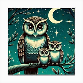 Serene Owl Family  Art Deco Canvas Print