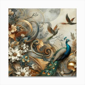 Peacocks And Flowers 1 Canvas Print