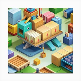 Colorful Cartoon Industrial Machinery With Boxes And Packages Canvas Print