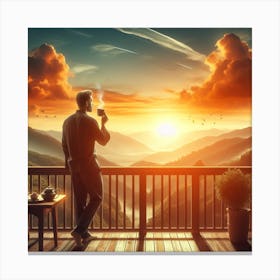 Man On A Balcony At Sunrise Canvas Print