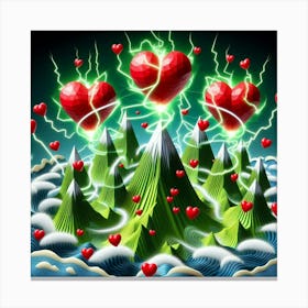 3 Dimensional Mountains With Multiple Green Lightning And White Swirls In A Vortex Of 3 Red Hearts 4 Canvas Print