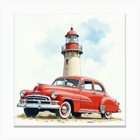 Retro Vehicle In Front Of A Historic Lighthouse, Watercolor Painting 1 Canvas Print