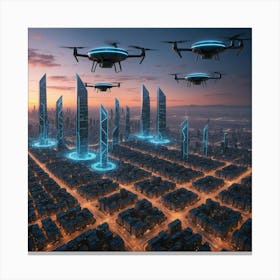 Futuristic Cityscape With Drones 1 Canvas Print