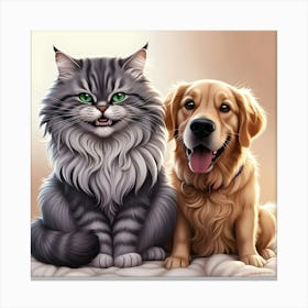 A Breathtakingly Detailed, Vibrant, And Humorous Illustration Of An Unlikely Yet Adorable Cat And Dog 1 Canvas Print