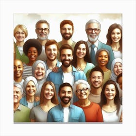 A diverse group of people of all ages, races, and ethnicities are gathered together and smiling. The background is a light blue sky with white clouds. The people are all wearing casual clothes and are standing close to each other. The image is warm and inviting and conveys a sense of community and togetherness. It is a beautiful and powerful statement of the diversity and beauty of the human race. Canvas Print