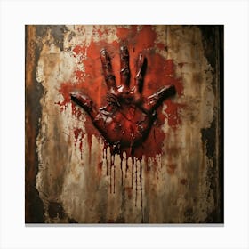 Bloody Handprint Smeared Across An Aged Wall Texture Of Dripping Blood Eerily Glistening Disturbin Canvas Print