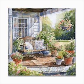 The Porch at the Country Farmhouse | Swing Pots of Flowers Watercolor Painting | Idyllic Countryside Home Sweet Home | HD Canvas Print