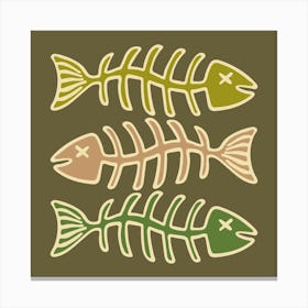 FISH BONES Pop Art Seafood in Vintage Retro Olive Beige Green on Moss Green Kitchen Food Canvas Print