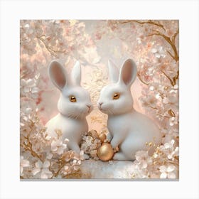 3d Rendering Of Rabbits With Golden And Pink Tones, Surrounded By Flowers And Cherry Blossoms, Easter Theme, Easter Background, Easter Decoration, Digital Art, Illustrations, Cute Style, High Resolution, Detailed Textures, Sof Stampe su tela