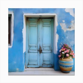 Blue wall. An old-style door in the middle, silver in color. There is a large pottery jar next to the door. There are flowers in the jar Spring oil colors. Wall painting.15 Canvas Print