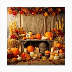 Autumn Harvest Scene Arranged Rustic Style Brimming With Seasonal Abundance Pumpkins Nestled Amon Canvas Print