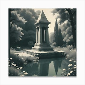 A Grayscale Image Of An Ancient Stone Monument With A Pyramidal Roof, Reflected In A Still Pond In A Quiet, Forested Setting Canvas Print