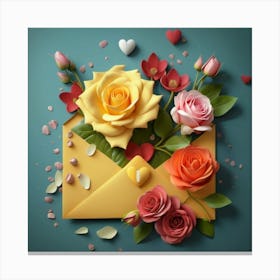 An open red and yellow letter envelope with flowers inside and little hearts outside 8 Canvas Print