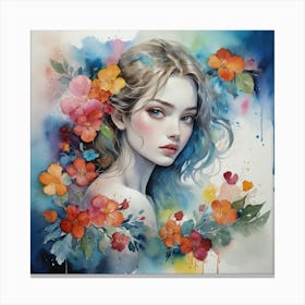 Watercolor Of A Girl With Flowers art print Canvas Print