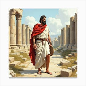 A Watercolor Painting Of A Greek Man With A Noble Presence Amidst Ancient Ruins 1 Canvas Print