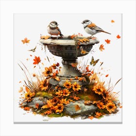 Autumn Birds In A Birdbath Canvas Print