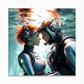 3d Dslr Photography Couples Inside Under The Sea Water Swimming Holding Each Other, Cyberpunk Art, By Krenz Cushart, Both Are Wearing A Futuristic Swimming With Helmet Suit Of Power Armor Canvas Print