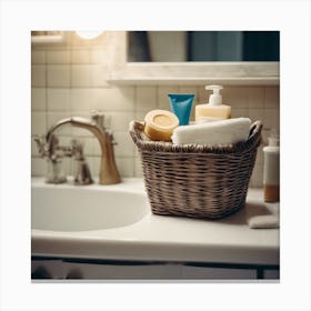 Bathroom and basket of soaps Canvas Print