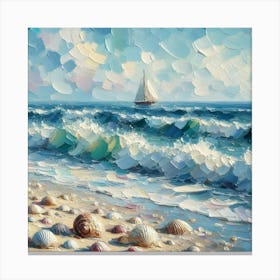 Seashells On The Beach And Sailboat Near The Horizon, Acrylic Painting Style Canvas Print