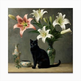 Cat And Lilies Canvas Print