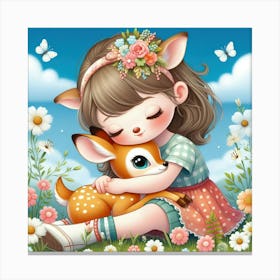 Little Girl Hugging A Deer 1 Canvas Print