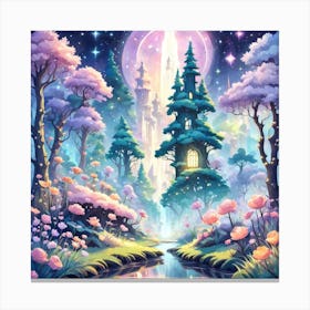 A Fantasy Forest With Twinkling Stars In Pastel Tone Square Composition 451 Canvas Print