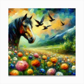Horse In A Flower Field Canvas Print