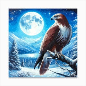 Oil Texture Winter Hawk In The Moonlight 3 Canvas Print