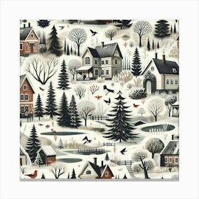 Winter Village And Giant Coniferous Trees Canvas Print