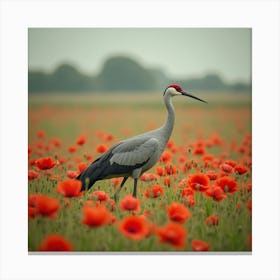 Crane In A Field Of Poppies 1 Canvas Print