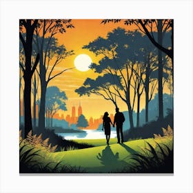 Couple Walking In The Park At Sunset Canvas Print