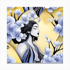 Deco Woman With Flowers Japanese Textured Monohromatic Canvas Print