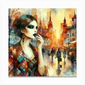 Watercolor Of A Woman In The City Canvas Print